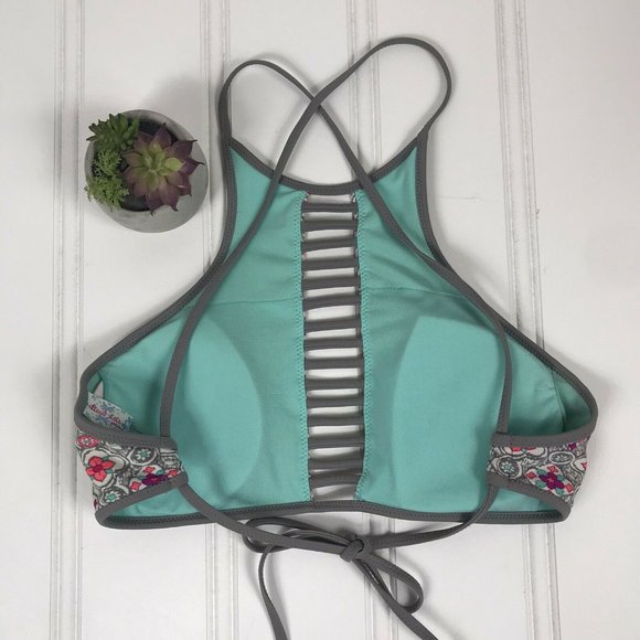 Altar'd State Gray & Teal Cross Strap Bikini Top L - Picture 3 of 6
